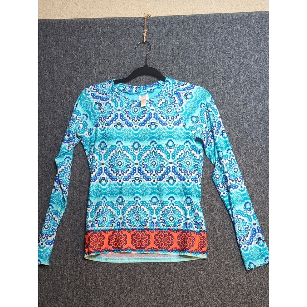 La Blanca Blue Medallion Long Sleeve‎ Swim Top Rash Guard Small